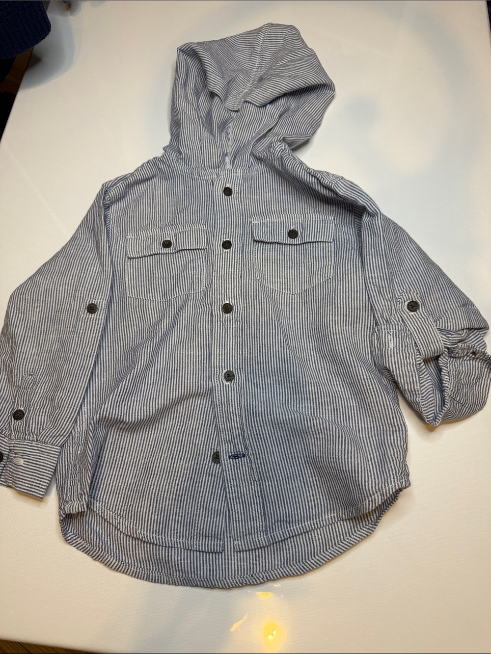 Gymboree Hooded Button-Down Shirt in Blue & White Pinstripes